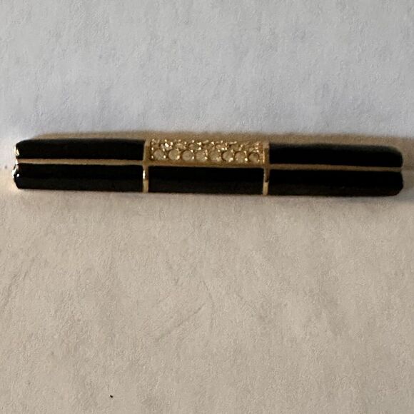 Swarovski Brooch Pin Vintage Black Enamel And Crystal Bar Style Swan Signed - Picture 4 of 13